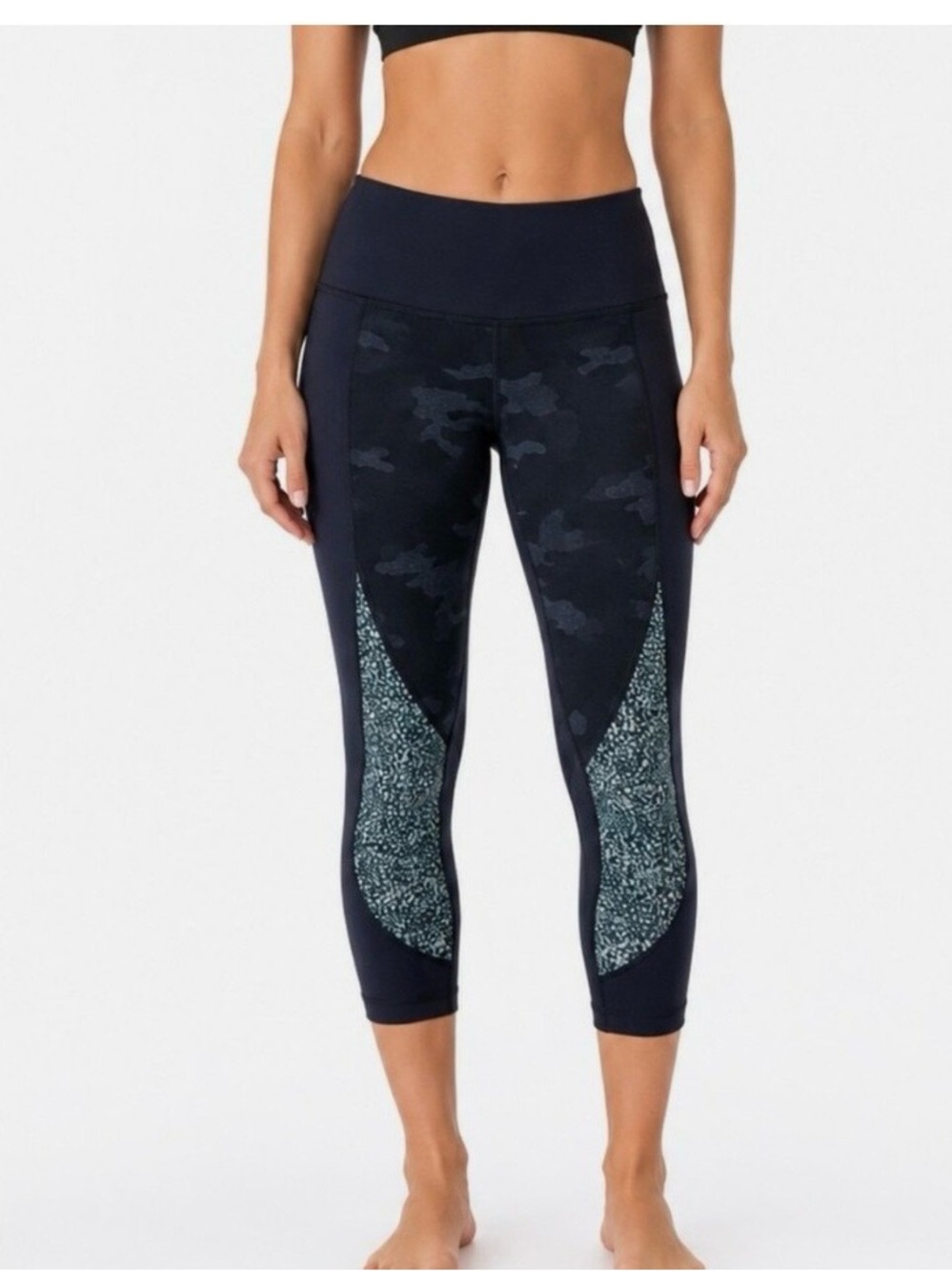 Lululemon Wunder Under Crop Sashiko Blue and Black Camo Leggings Size 6